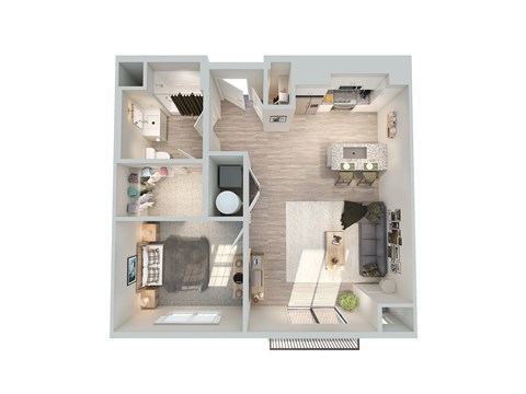 Floor plan for 1 bed, 1 bath, 734 sqft